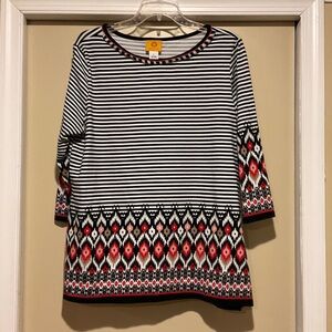 Ruby Rd Black white Striped Tunic with Red tan Border - Women’s 3/4 Sleeve Top